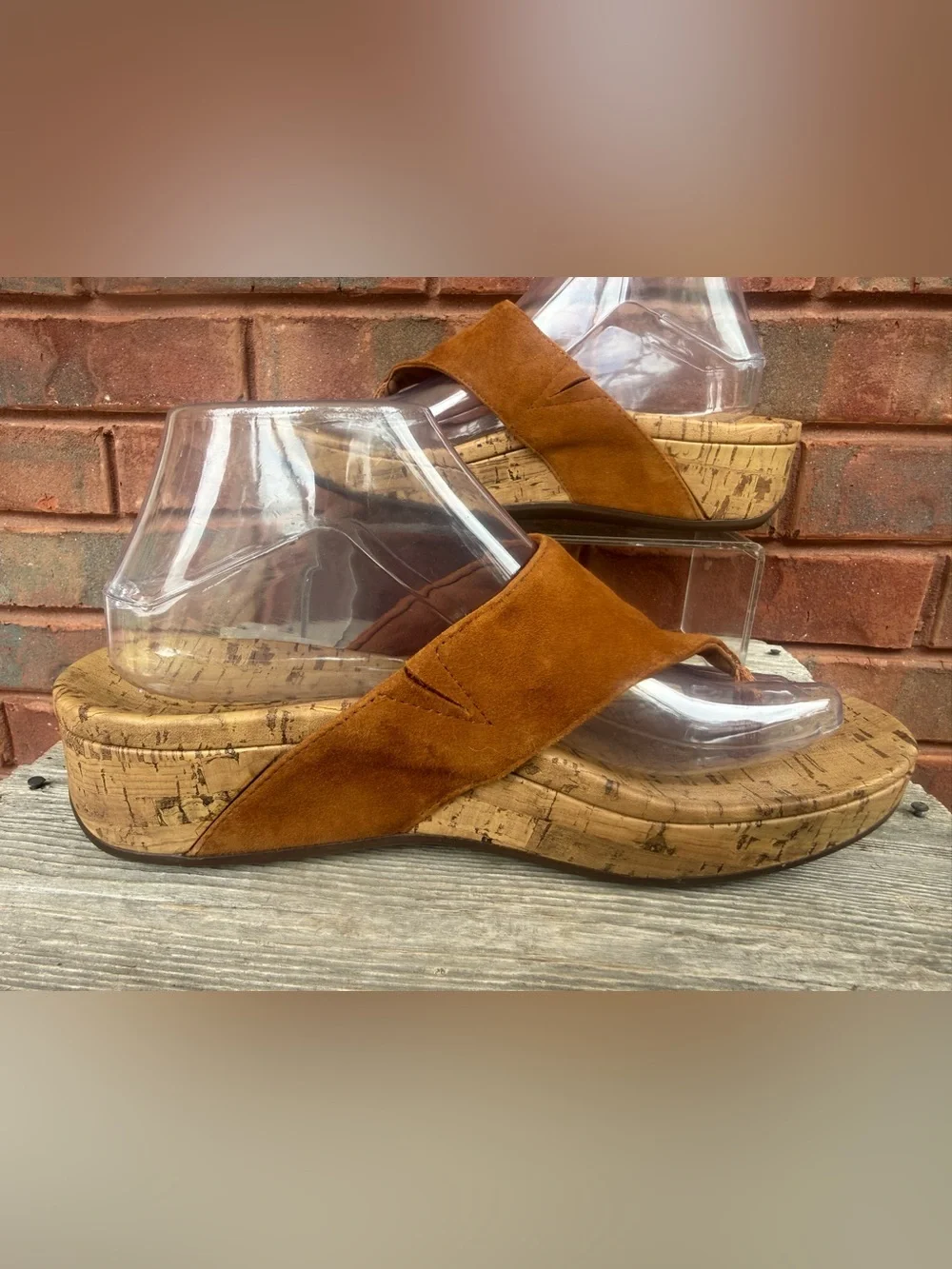 Vionic Marbella Brown Tan Suede Cork Wedge Platform Thong Sandals Women’s Sz 9